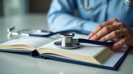 Healthcare strategy book growing knowledge in medicine with a stethoscope on open pages