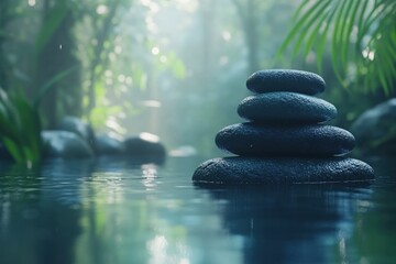 Stacked dark stones in calm water with green foliage and soft light creating a peaceful scene
