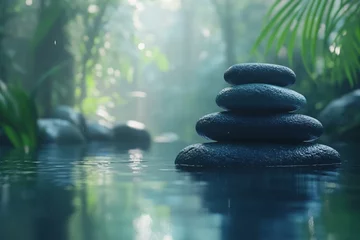 Stacked dark stones in calm water with green foliage and soft light creating a peaceful scene