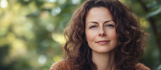 Portrait of a smiling woman with curly hair in a natural green outdoor setting with soft focus background and natural light Copy Space