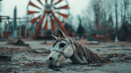 A broken carousel horse lying on its side in an abandoned amusement park