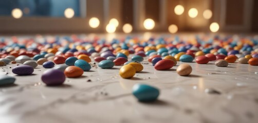 Fototapeta premium Marble-like pebbles scattered across the floor of a dimly lit room against a soft focus abstract colored background, marble, worn, stone