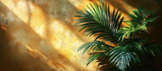 Green tropical plant with large leaves against a textured yellow wall casting shadows in warm sunlight Copy Space