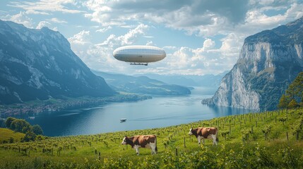 Cows graze peacefully in a green field while a blimp floats above, creating a picturesque view of the lake and surrounding mountains on a sunny afternoon