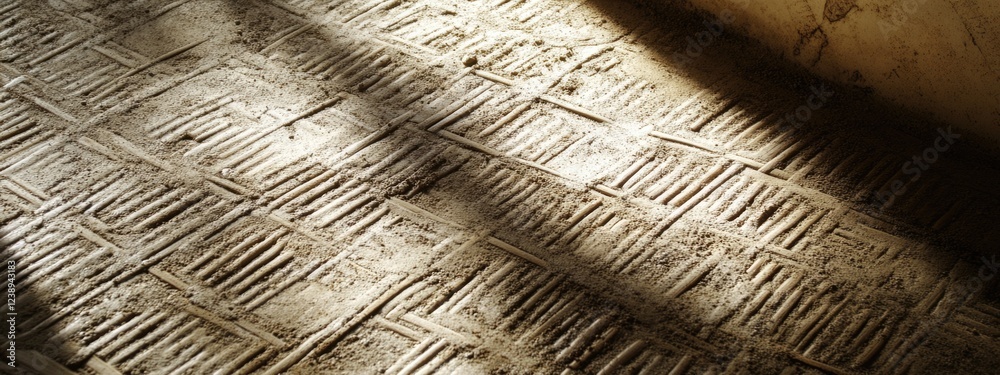 Poster Textured flooring with shadow patterns creating depth on surface in warm lighting. Copy Space