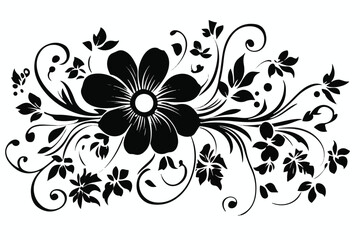 A black and white flower silhouette design vector. Hand drawn Ornamental Floral Dividers And Decorative Separators On Solid White Background. Mexican folk art style vector Art & Illustration