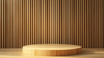 Wooden display pedestal with vertical wooden slat background showcasing natural textures and tones Copy Space