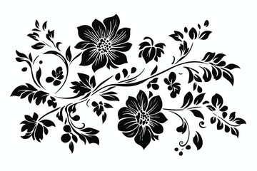 A black and white flower silhouette design vector. Hand drawn Ornamental Floral Dividers And Decorative Separators On Solid White Background. Mexican folk art style vector Art & Illustration