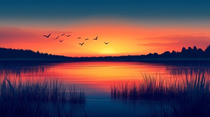 Obraz premium Vibrant Sunset Over a Calm Lake