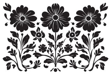 A black and white flower silhouette design vector. Hand drawn Ornamental Floral Dividers And Decorative Separators On Solid White Background. Mexican folk art style vector Art & Illustration