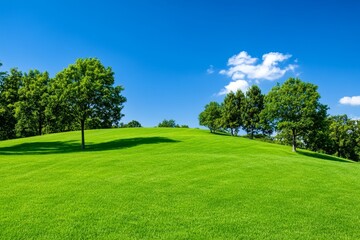 Fototapeta premium Sunny Day Lush Green Hill Park Landscape - Serene landscape, symbolizing peace, nature, growth, tranquility, and renewal. A perfect sunny day.