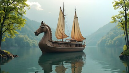 An extraordinary horse-shaped wooden yacht, anchored in the middle of a vast and peaceful lake. The yacht’s structure resembles a mythical creature, with carefully chiseled woodwork