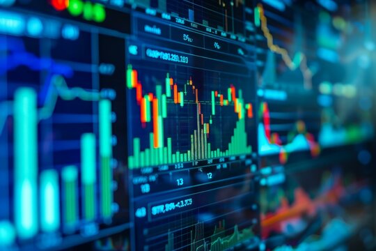 Financial data graph showing growing indicators on multiple monitors