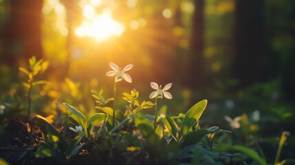 Delicate white flowers in forest setting with soft sunlight filtering through trees creating a warm glow Copy Space