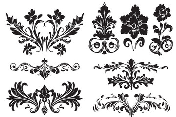 A black and white flower silhouette design vector. Hand drawn Ornamental Floral Dividers And Decorative Separators On Solid White Background. Mexican folk art style vector Art & Illustration