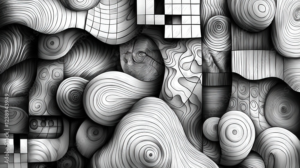 Leinwandbilder The artwork presents a captivating blend of circular and linear patterns in monochrome, emphasizing depth and movement through varying textures and shapes