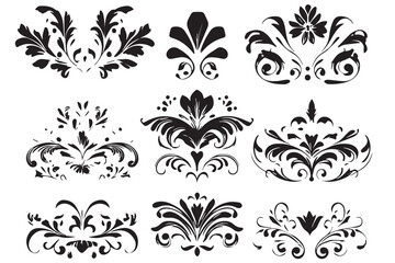 A black and white flower silhouette design vector. Hand drawn Ornamental Floral Dividers And Decorative Separators On Solid White Background. Mexican folk art style vector Art & Illustration