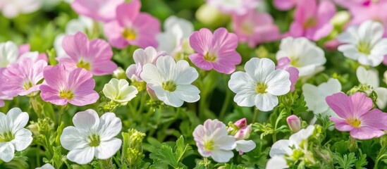 Colorful blooming flowers in pink and white shades with green foliage in a garden setting with Copy Space.