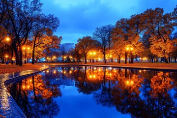 Obraz premium Autumnal Park Reflection: City Lights Evening Ambiance - Serene autumn evening, city park reflected in still water, warm light, vibrant colors, peaceful atmosphere. Symbolizing tranquility, beauty