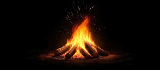 Bright campfire flames with burning wood logs creating sparks against a dark background Copy Space
