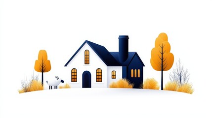 Naklejka premium Cozy Minimalist House Surrounded by Trees and Grass in Autumn Colors and a Cute Animal