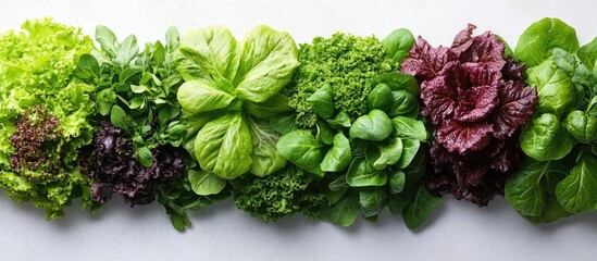 Obraz premium Fresh variety of lettuce and leafy greens arranged in a row on a light background with ample copy space for text insertion