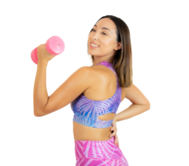 Young sport woman with a dumbbell isolated over transparent background. PNG transparent.