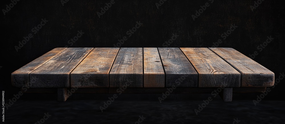 Poster wooden display table with rustic texture on a dark background ideal for product showcase with copy s