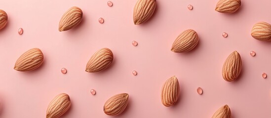 Almonds on a pink background with drops of water showcasing a minimalistic food composition and Copy Space for text placement