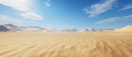 Fototapeta premium Vast desert landscape with sand dunes under a clear blue sky and scattered clouds, suitable for various design projects and Copy Space available