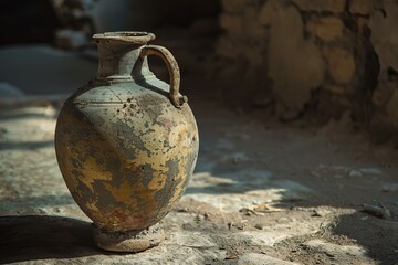 Ancient clay amphora, weathered and worn, rests on dusty ground amidst ancient ruins, hinting at a rich historical past