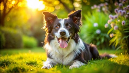 Happy Border Collie Dog Laying on Green Grass Summer Garden