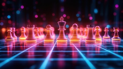Glowing chess pieces on a digital board.