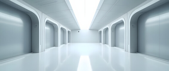 Obraz premium Futuristic perspective view of empty space with hidden lighting and white floor.