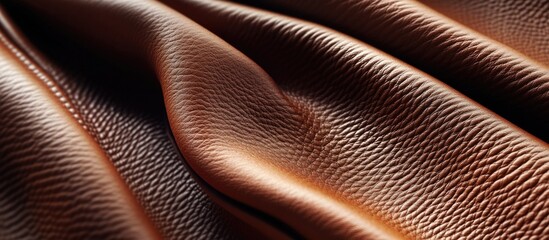 Close-up view of textured brown leather fabric showing softness and detailed grain patterns with natural lighting and shadows Copy Space