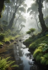 Fototapeta premium Misty Morning in a Tropical Arroyo with Foliage and Mosses, natural scenery, misty morning
