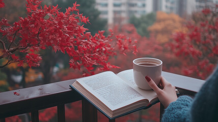 cozy scene featuring book and cup of coffee on balcony surrounded by vibrant red autumn leaves. warm colors evoke sense of tranquility and relaxation