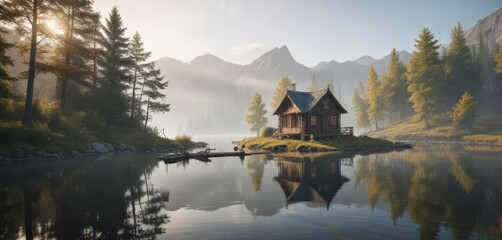 Obraz premium misty morning landscape with a small wooden cabin by the lake , lake, water