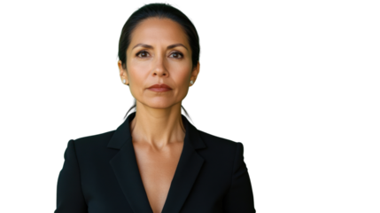 Serious businesswoman looking at camera on transparent background