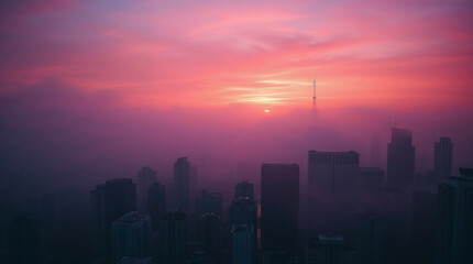 Fototapeta premium Purple haze engulfing cityscape at sunrise with tv tower emerging from fog