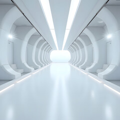 Futuristic perspective view of empty space with hidden lighting and white floor.