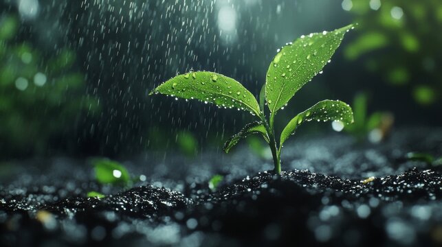 Small Green Plant Sprouting in Dark Soil During Rain