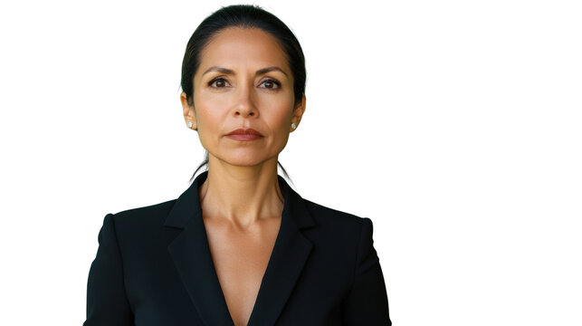 Serious businesswoman looking at camera on transparent background