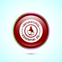 Essential oil icon design, 100 percent essential oil icon for product certificate tag, Red color round button design