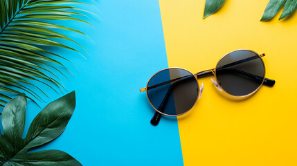 Stylish round sunglasses on a blue and yellow background with tropical palm leaves, symbolizing summer fashion, relaxation, and vacation vibes.