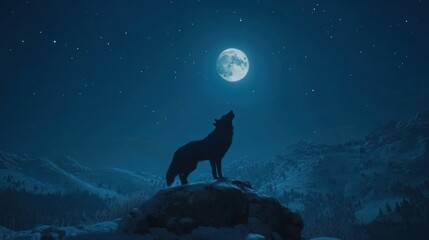 Fototapeta premium Lone Wolf Howling Under a Bright Moonlit Night Sky