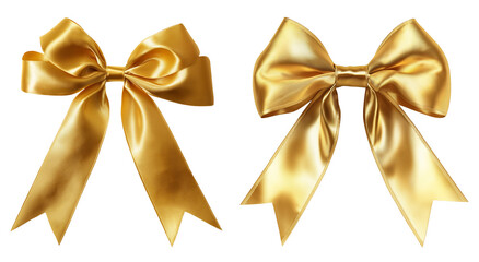 Gold ribbons isolated on transparent background. Set of 4 metallic silk bows, png.