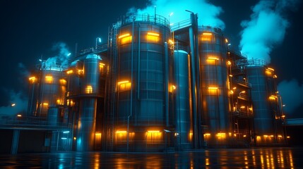 Obraz premium Illuminated industrial plant at night with smoke stacks and glowing lights