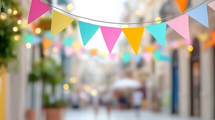 Colorful festive bunting on blurred street background