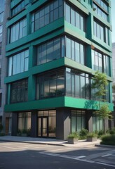 Modern office building with teal and green accents, architecture, office